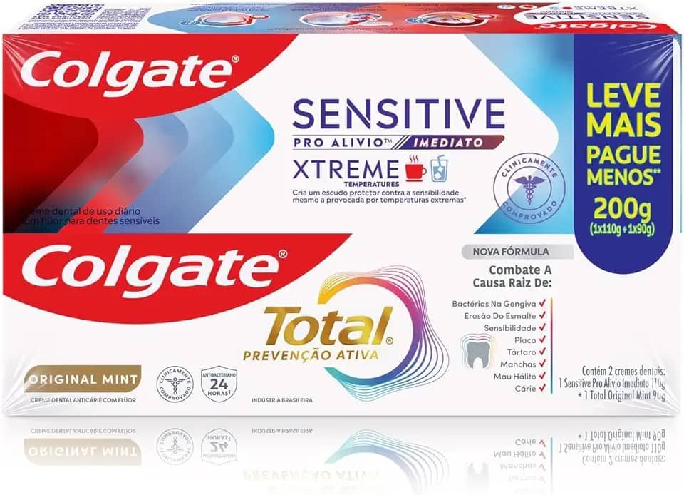 Colgate Creme Dental Total Original Mint, Prevenção Ativa, 90g + Sensitive Pró Alívio Imediato Xtreme 110g
