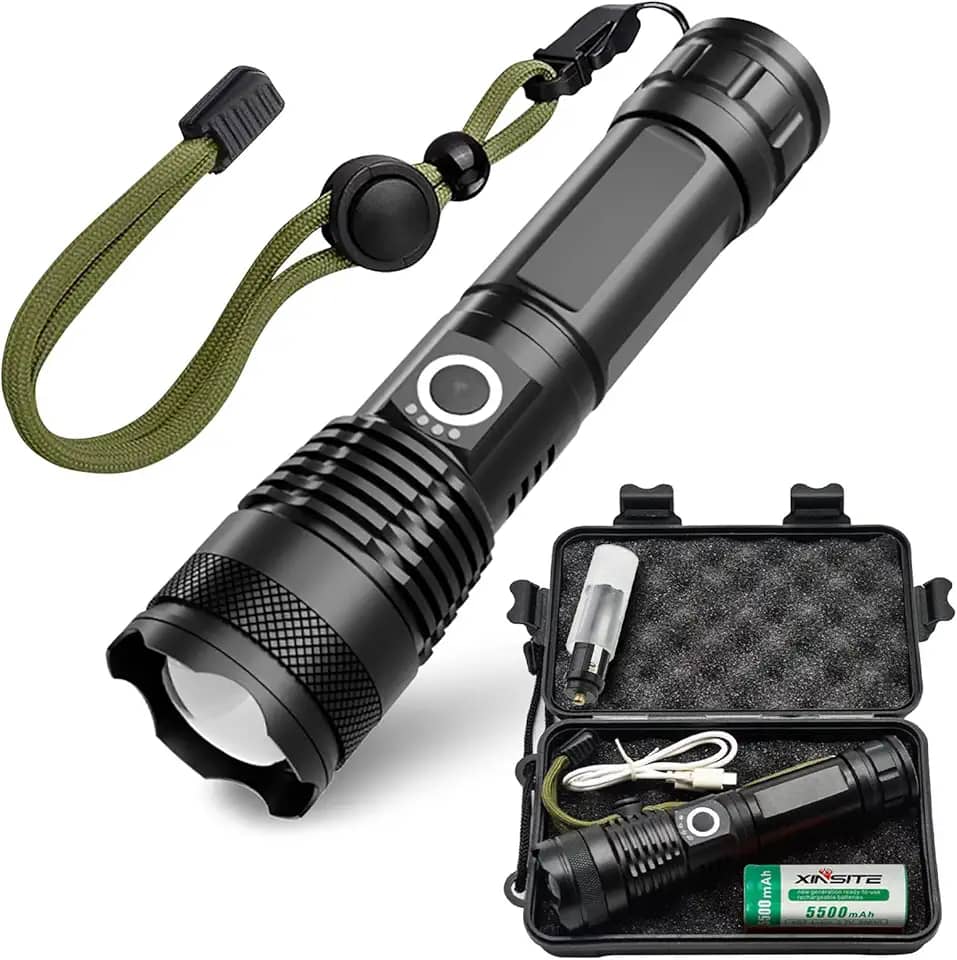 Lanterna Led Recarregável 1000 Lúmens XHP 50 | Lanterna Tática Recarregável丨Zoom Ajustável Longo Alcance | Power Bank | IPX7 À Prova D’Água | Modos Múltiplos | Milita, Camping, Caça, Pesca