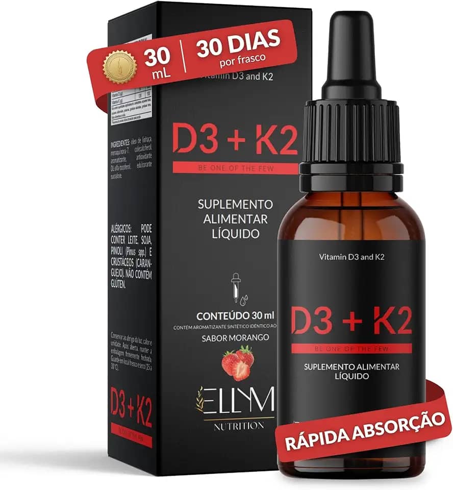 Vitamina D3 K2 em Gotas Sublingual 30mL ELLYM NUTRITION 2000 UI D3 + 120 mcg K2 Mk7 Sabor Morango Fortaleciomento Ósseo e Muscular