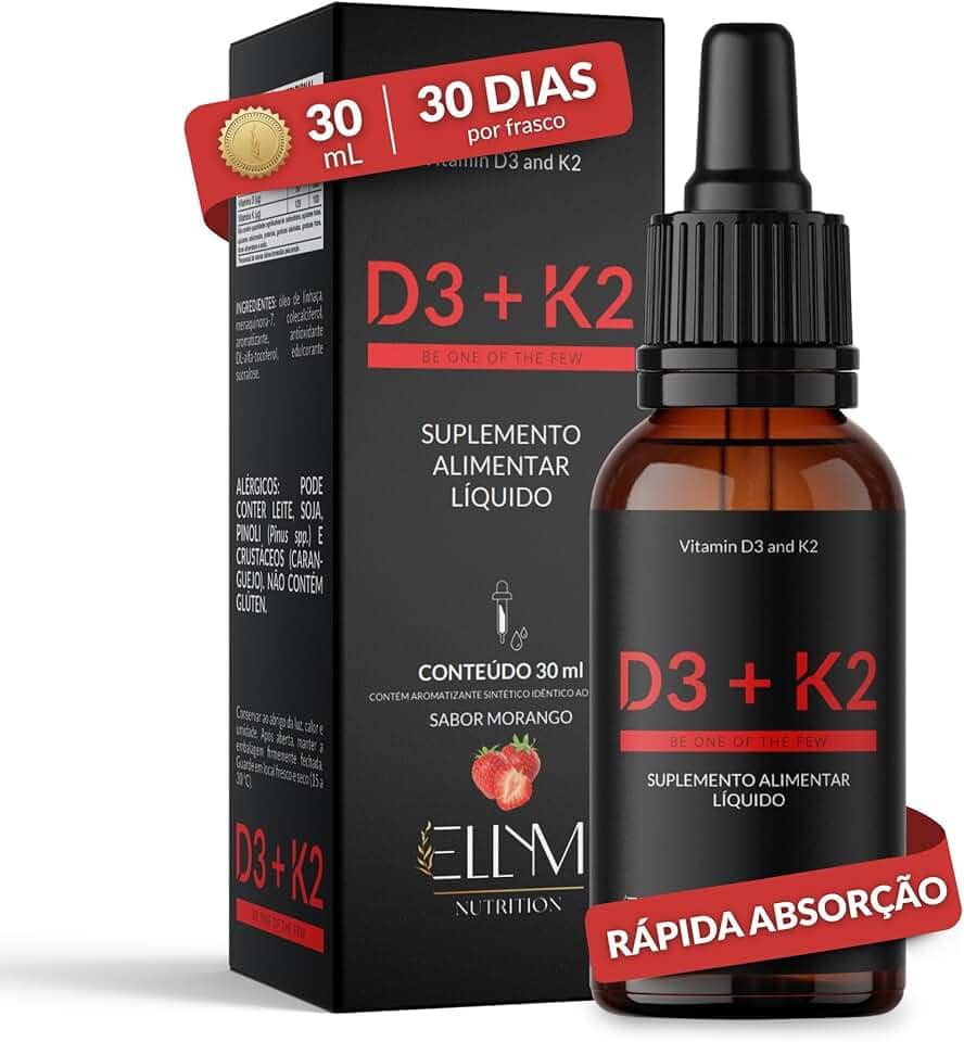Vitamina D3 K2 em Gotas Sublingual 30mL ELLYM NUTRITION 2000 UI D3 + 120 mcg K2 Mk7 Sabor Morango Fortaleciomento Ósseo e Muscular