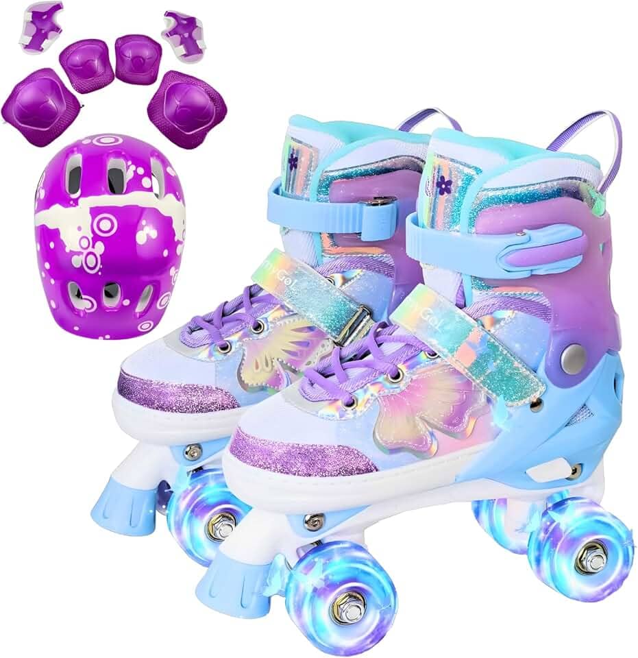 Patins Infantil 4 Rodas, Patins Quad, Patins Infantil Menina, Ajustável em 4 Tamanhos, com Bolsa e Kit Proteção