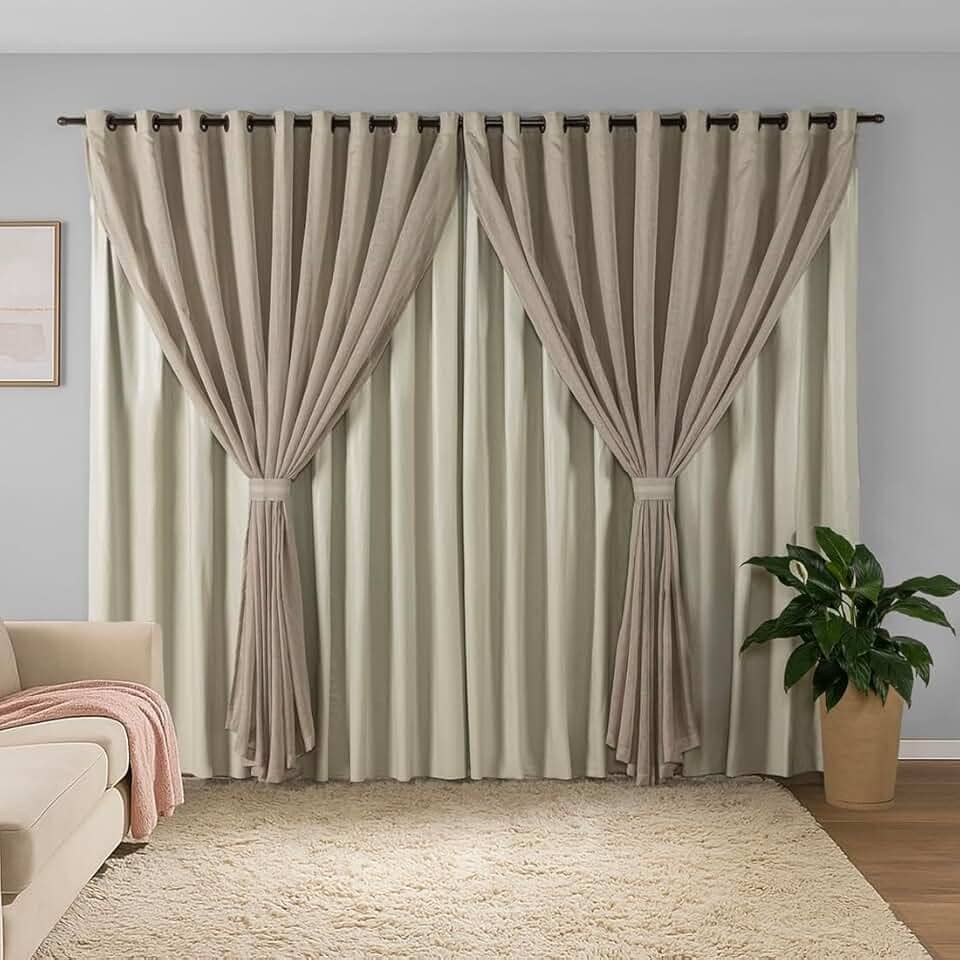 Cortina Sala Quarto Blecaute 2,80m Larg. x 2,50m Alt. Linho Trabalhado, Forro em PVC Blackout 100%, c/Abraçadeiras - Inovi - Palha/Palha