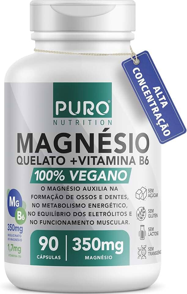 Magnésio Puro Nutrition, Quelato, Bisglicinato + Vitamina B6, 350mg Magnésio por Porção, 90 Cápsulas, Suplemento Vegano