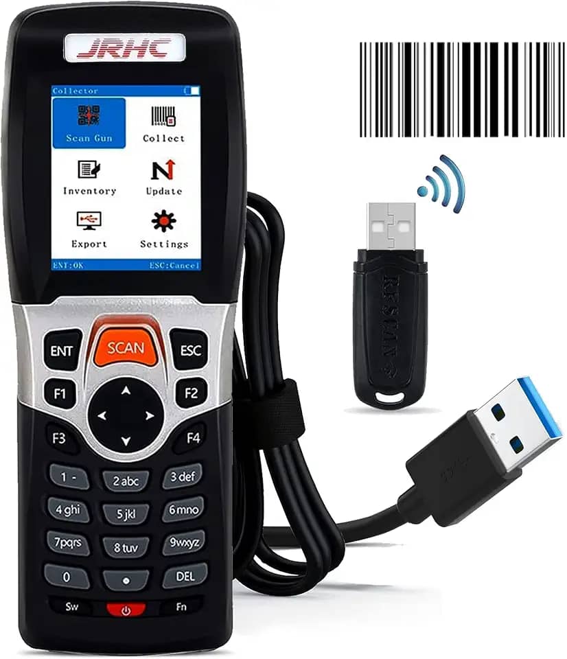 Scanner de código de barras sem fio, scanner de inventário JRHC 2,4G leitor de código de barras a laser portátil 1D para digitalização de coleção e inventário com tela LCD de 2,2 polegadas para biblioteca, supermercado, armazém, loja