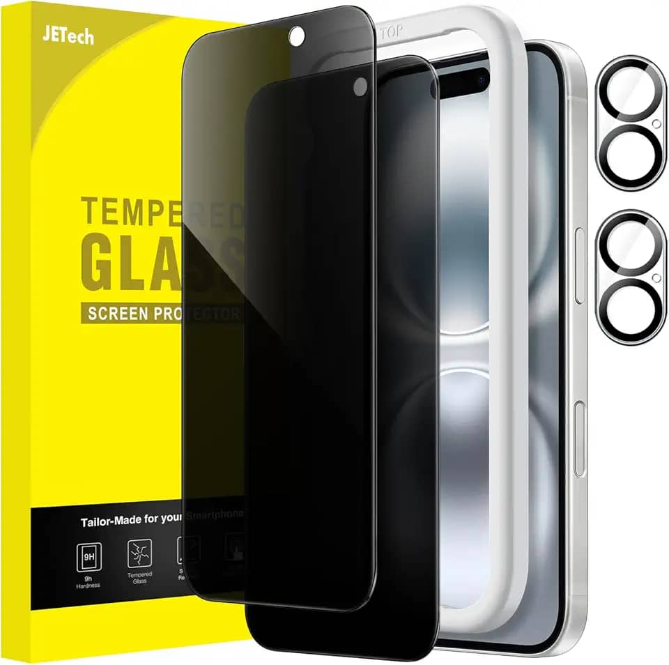JETech Película de Vidro Temperado de Privacidade para iPhone 16 6,1 Polegadas com Protetor de Lente de Câmera, Protetor de Tela Anti-Espião, Ferramenta de Fácil de Instalar, 2 Pacotes Cada