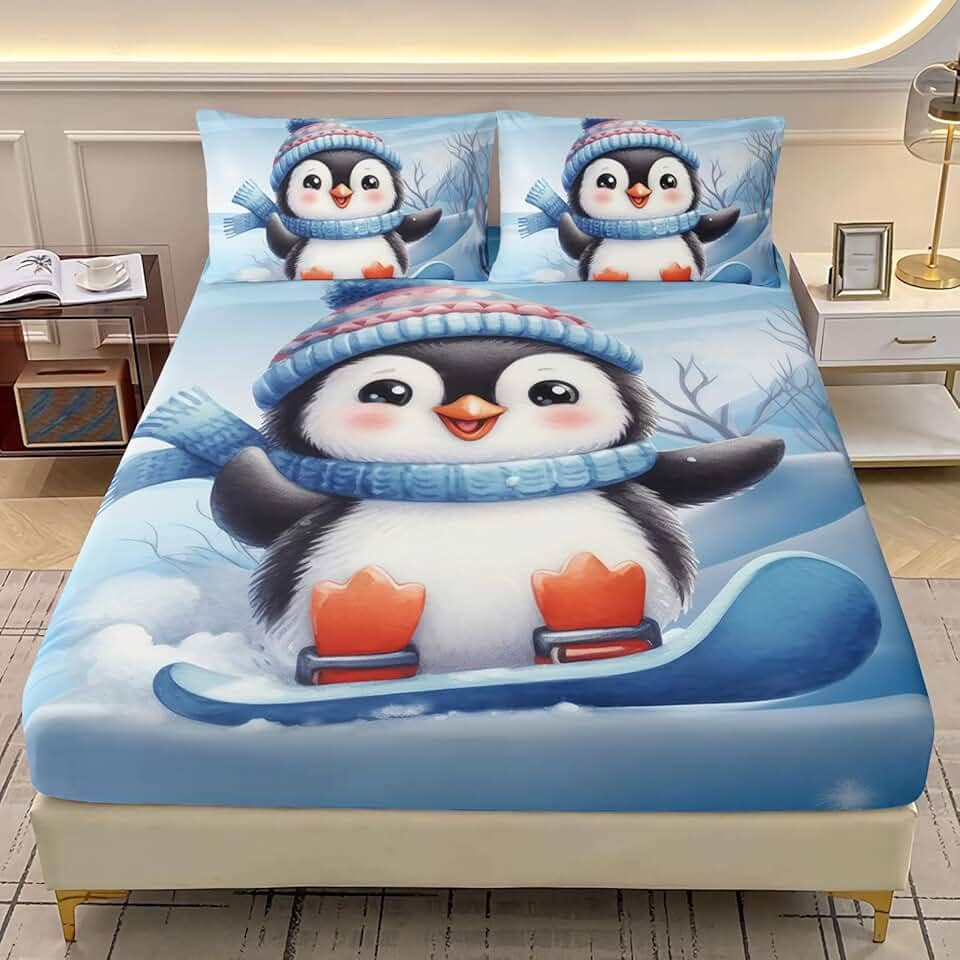 AILONEN Jogo de lençol casal fofo pinguim para crianças, meninas, meninos, desenho animal de snowboard, macio, 3 peças, lençol com tema do mundo da neve + 2 fronhas