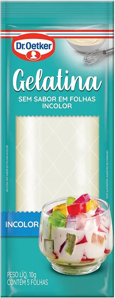 Dr. Oetker Gelatina em Folha, Incolor, Sem Sabor, Mais Consistência Para as Receitas, Sobremesas, Bolos, Tortas e Doces, 10g