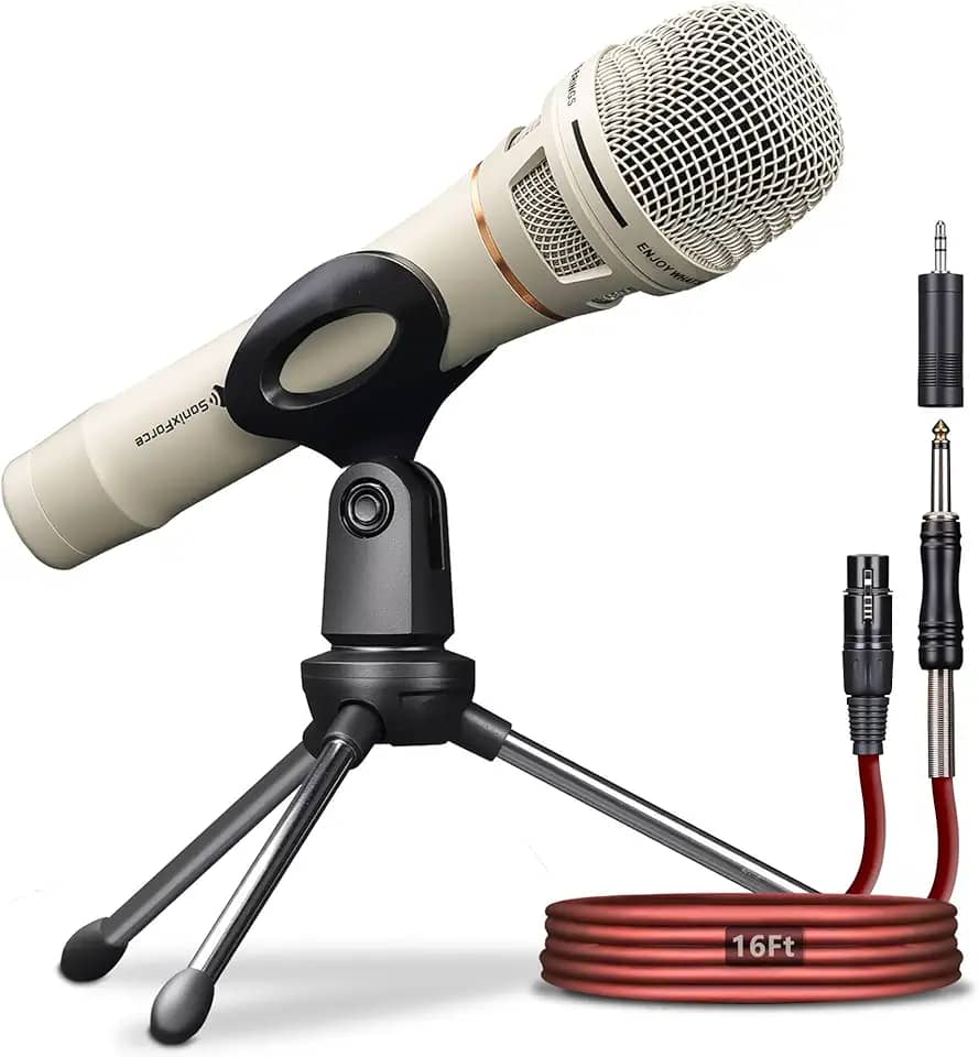 Microfone dinâmico - Microfone vocal profissional para cantar - Microfone portátil com fio com cabo de áudio XLR de 4,9 m para 1/10.2 cm - Microfone para fala, estúdio e performance ao vivo