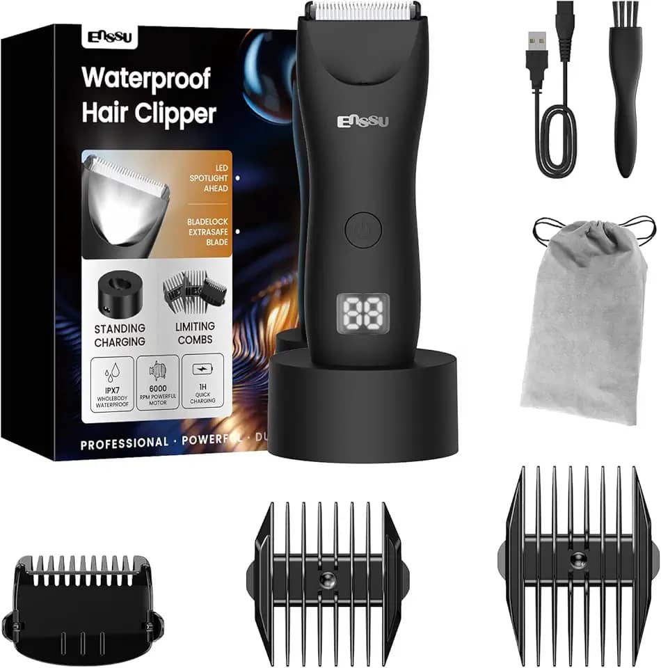 Aparador de Pelos Corporais Masculino, Aparador de Pelos Íntimos e Virilha Impermeável com Lâmina Cerâmica Segura, Aparador Elétrico para Corpo e Barba, Display LCD, Base de Carregamento (Preto)