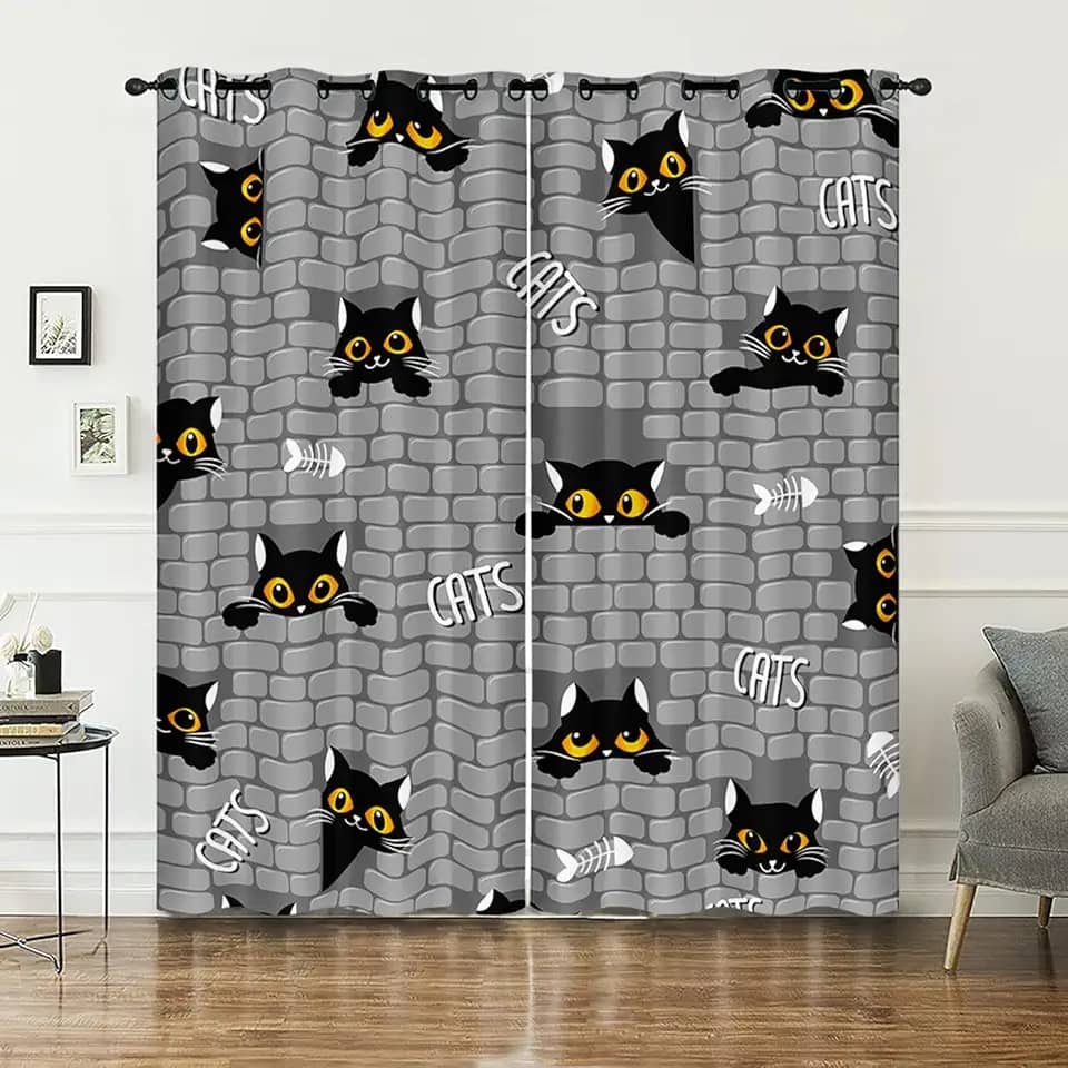 AILONEN Cortina de janela de gato preto fofo, cortinas de janela de gato de desenho animado para meninas adolescentes, cortinas de tratamento de janela com tema de animal Kawaii, para decoração de