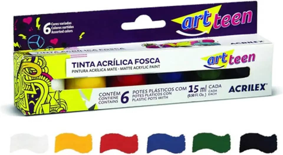 Tinta Acrílica Fosca Art Teen - 6 Cores 15ml 03506 Acrilex – Para Artesanato e Pinturas Diversas Indicada Para Uso Em Madeira, Papel, Cerâmica, Isopor, Couro, Gesso, Cortiça, Vidro E Pet, Esta Tinta Proporciona Excelente Cobertura, Secagem Rápida E Facilidade De Uso Em Seus Projetos Criativos