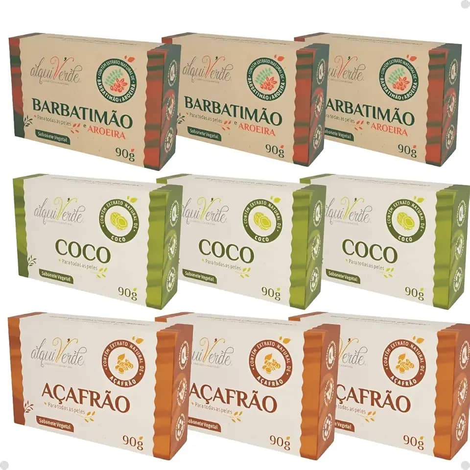 Kit 9 Sabonetes em Barra Naturais de Coco, Açafrão, Aroeira e Barbatimão – Antisséptico, Hidratante e Cicatrizante, Ideal para Cuidados com a Pele, Higiene Diária e Tratamento Natural