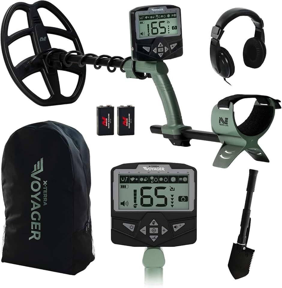 Minelab X-Terra Voyager Detector de metais adulto com bobina à prova d'água, 4 modos de detecção, ID de alvo transparente, visor retroiluminado (kit completo com fones de ouvido, mochila, pá profunda)
