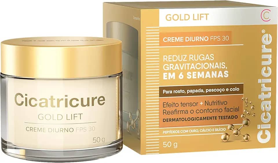 Cicatricure Gold Lift Creme Diurno FPS 30 | Reduz Rugas gravitacionais em 6 semanas | Efeito tensor nutritivo reafirma contorno facial, papada, pescoço e colo | Hidratante facial clareador | 50g