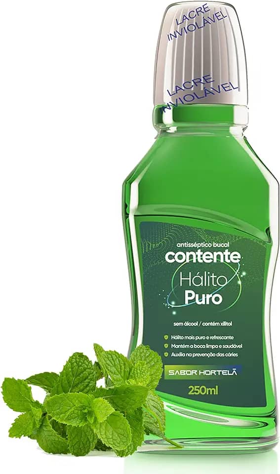 ORGÂNICO NATURAL Antisséptico Bucal Contente Hálito Puro - Sem Flúor e Sem Álcool - Com Xilitol - Vegano - 250ml