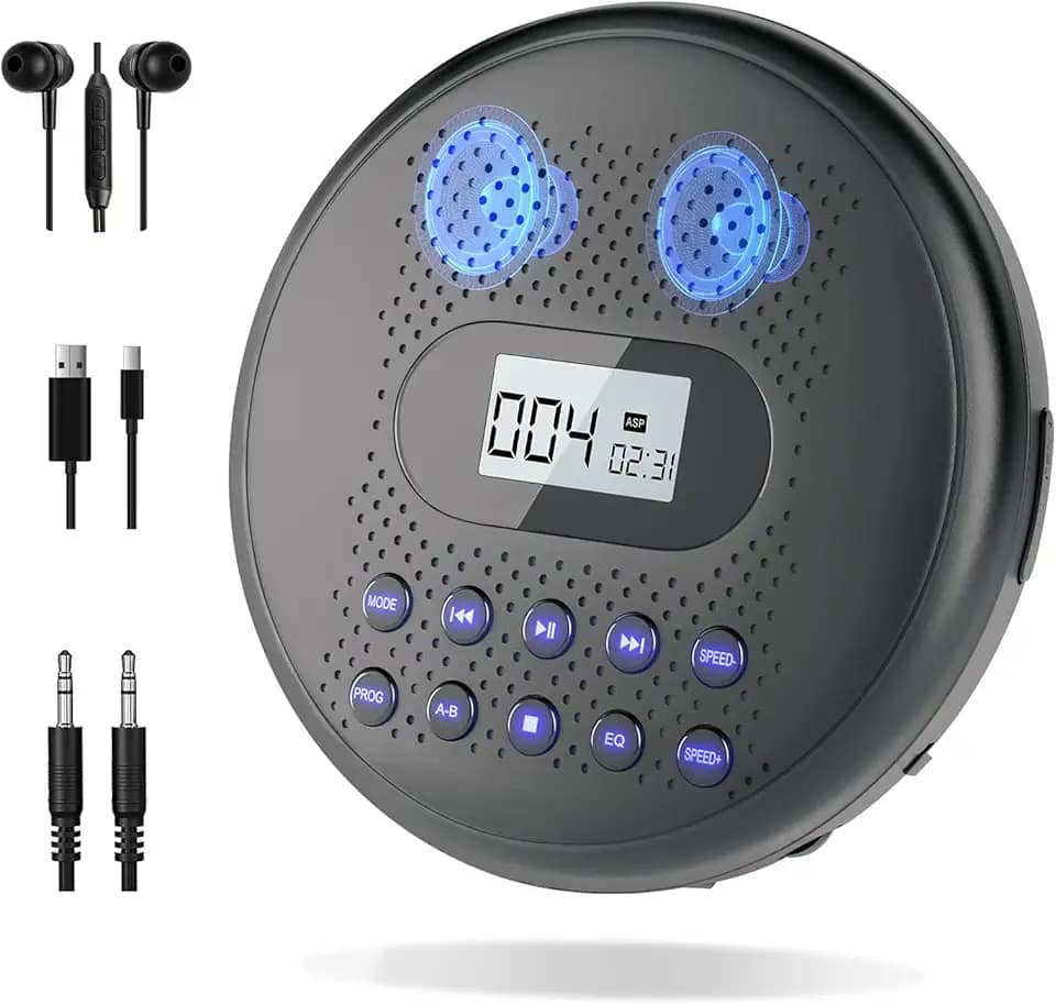 Leitor de CD portátil com alto-falantes estéreo duplos ARAFUNA, leitor de CD recarregável para carro, proteção anti-salto, leitor de CD com botão retroiluminado e visor LCD, cabo AUX de 3,5 mm