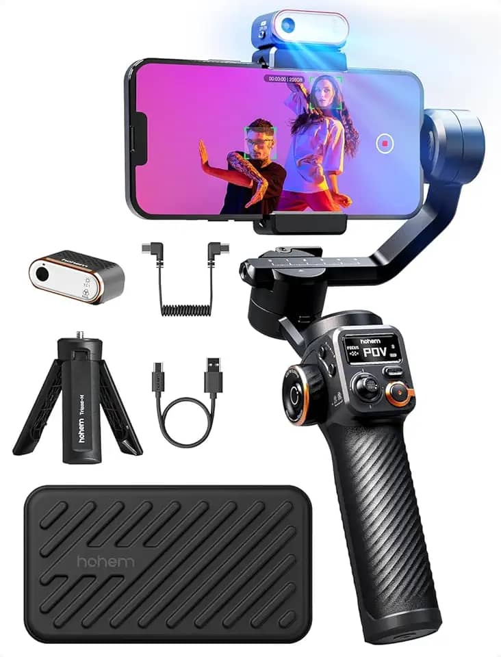 ho-hem iSteady M6 Kit Gimbal Estabilizador 3 Eixos para Smartphone com Rastreador IA, Luz Magnética Ajustável CCT/RGB e Bateria de 18h - Compatível com iPhone 15 Pro Max, Android e Gravação de Vídeo