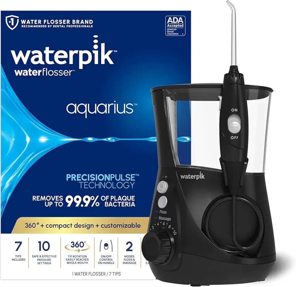 Waterpik Aquarius Water Flosser Professional para dentes, gengivas, órteses, cuidados dentários, energia elétrica com 10 configurações, 7 dicas para vários usuários e necessidades, aceita ADA, preto
