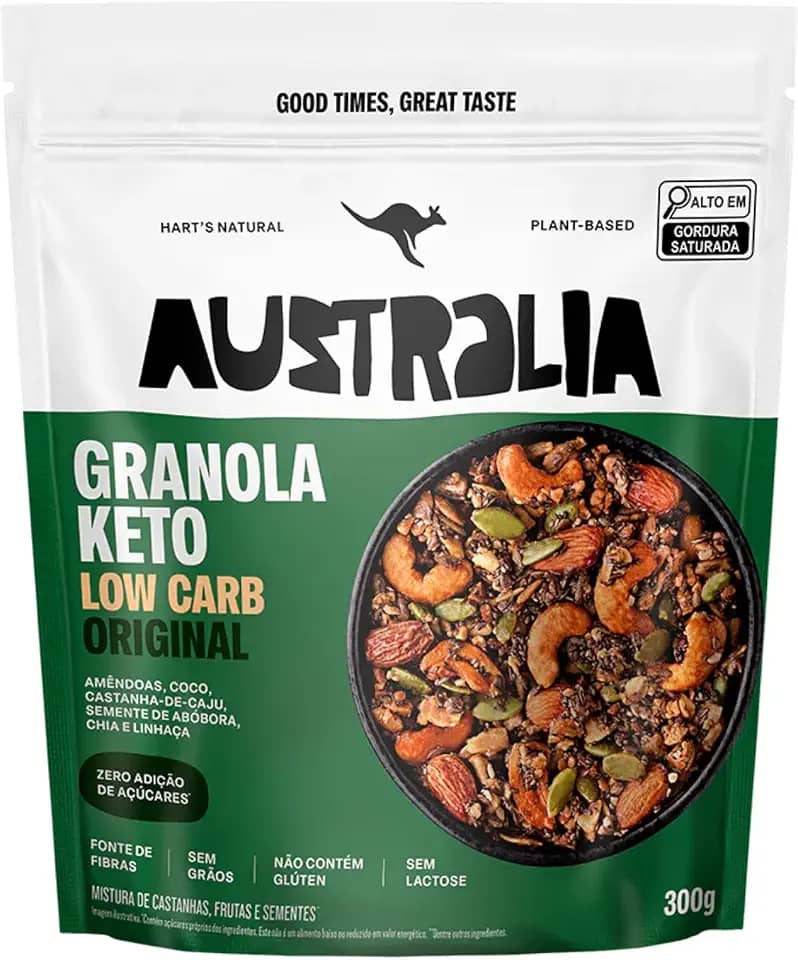 Hart's Natural Granola Australia Keto Low Carb | Granola Sem Açucar, Sem Lactose, Sem Glúten, Vegano | 100% Natural | Alto em Fibras | Snack Saudável | 300g