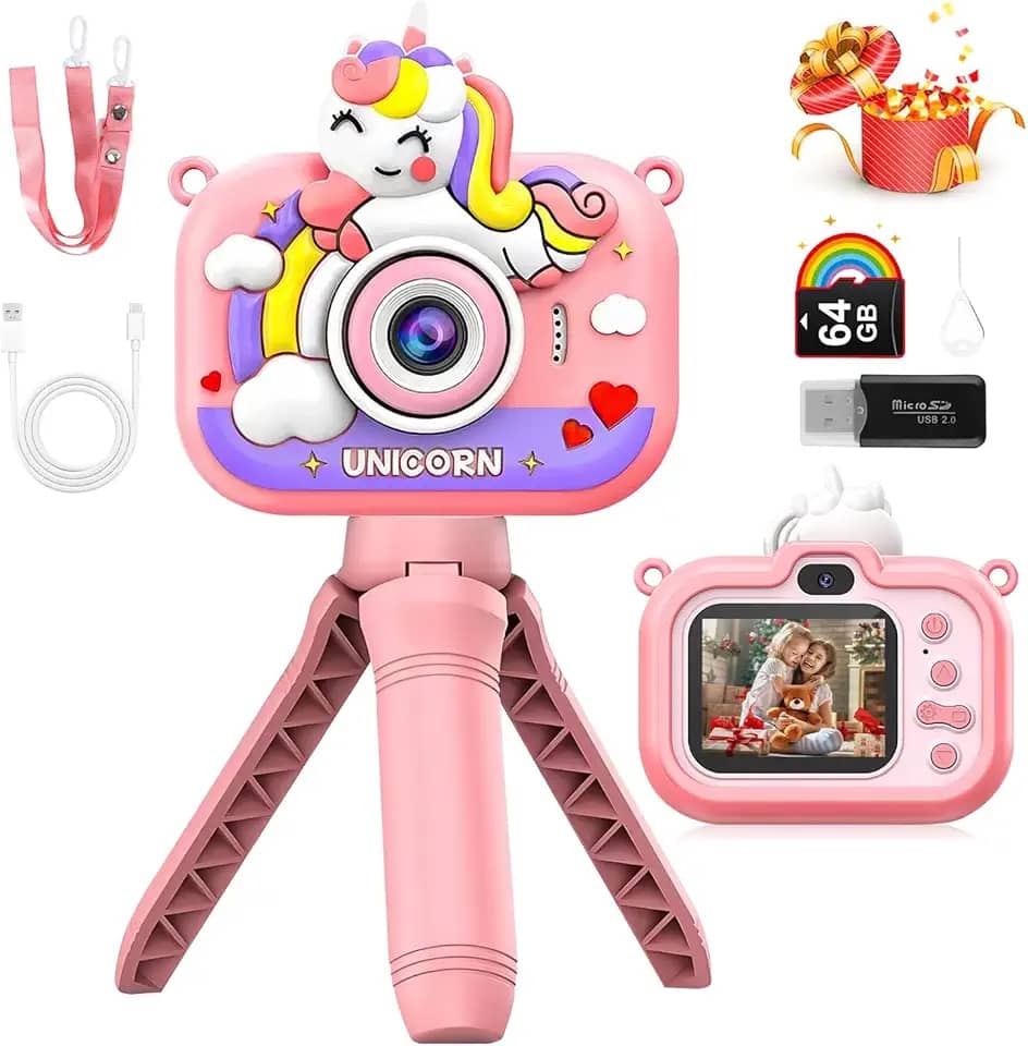 Máquina Fotográfica Infantil Selfie Câmera Digital, Presentes Brinquedo Menina de 3 a 12 anos, 96 MP, Pantalla 2' IPS 1080P HD, 600mAh com Jogos Divertidos Portátil, 64 G SD (Unicórnio Rosa
