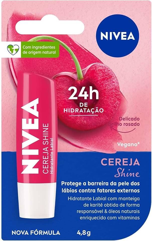 NIVEA Hidratante Labial Cereja Shine 4,8g - Cuidado e proteção para seus lábios por 24h, além de delicioso aroma de cereja e delicado brilho rosa