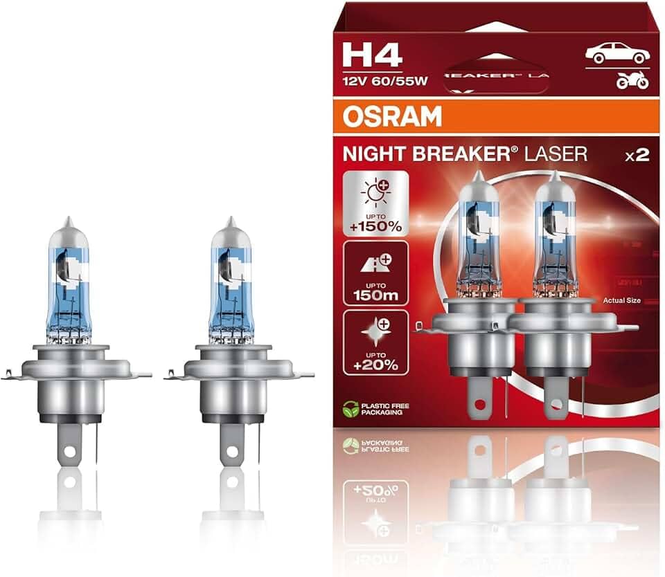 OSRAM NIGHT BREAKER LASER H4, +Lâmpada de farol de halogêneo 150% mais brilhante, 64193NL-HCB, 12V, caixa dobrável suspensa (2 lâmpadas) (branca/amarela)