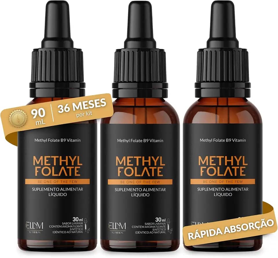 Vitamina B9 Metilfolato em Gotas Sublingual 30 mL ELLYM NUTRITION Sabor Laranja O Ácido Fólico Auxilia na Formação do Tubo Neural do Feto Durante a Gravidez (90 mL)