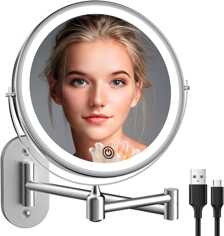 Espelho de maquiagem iluminado montado na parede, espelho de aumento de 20 cm 1X/10X com 3 luzes coloridas, espelho de banheiro dupla face com luzes LED reguláveis, espelho giratório de 360° com iluminação de barbear extensível