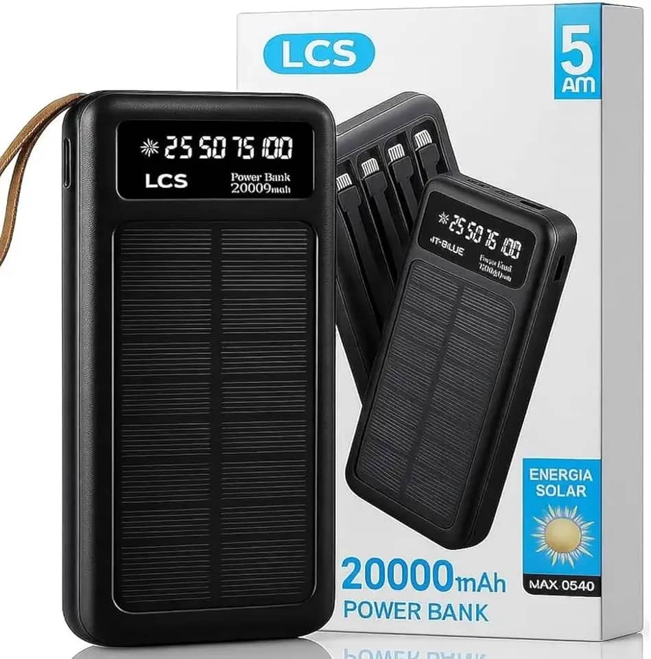 Carregador Solar Portátil Power Bank 20000Mah Painel Solar - Com Cabos Embutidos Display Digital Ideal Para Viagens E Camping (PRETO)