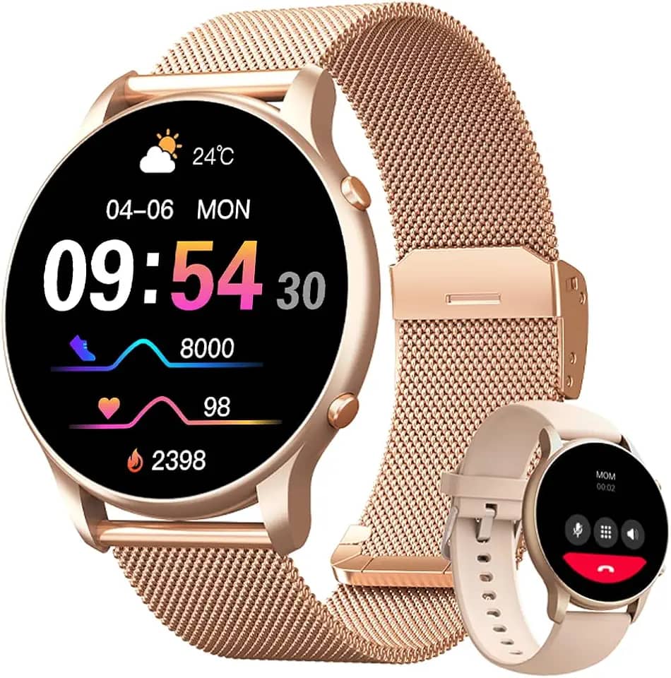 Smartwatch Feminino 1.32' Full Touch, IP68 à Prova d'Água, Ligações Bluetooth, 100+ Modos Esportivos, Notificações Inteligentes, Assistente de Voz, Compatível com iOS/Android, Inclui 2 Pulseiras, Ouro