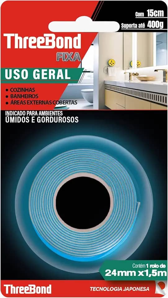 Fita Dupla Face ThreeBond 24mm x 1,5M | Ambientes ÚMIDOS, GORDUROSOS, ÁREAS EXTERNAS | 400g em 15cm