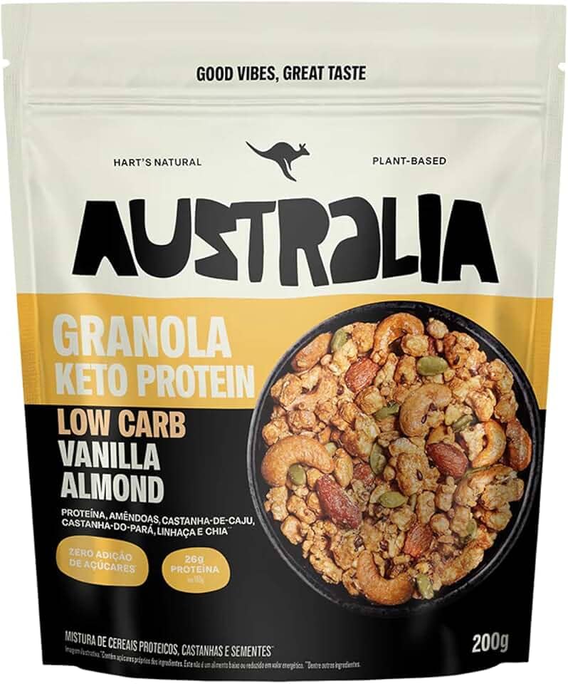 Hart's Natural Granola Australia Low Carb Keto Protein Vanilla Almond Crunch, 26g de Proteína, Granola Sem Açucar, Sem Lactose, Sem Glúten, Vegano, 200g