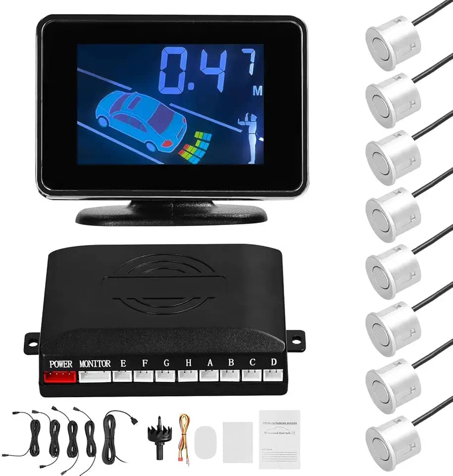 Sistema de radar de sensor de estacionamento de reserva reversa para carro, kit de 8 sensores de estacionamento com alarme sonoro frontal e traseiro, mudo, visor de distância LCD, volumes