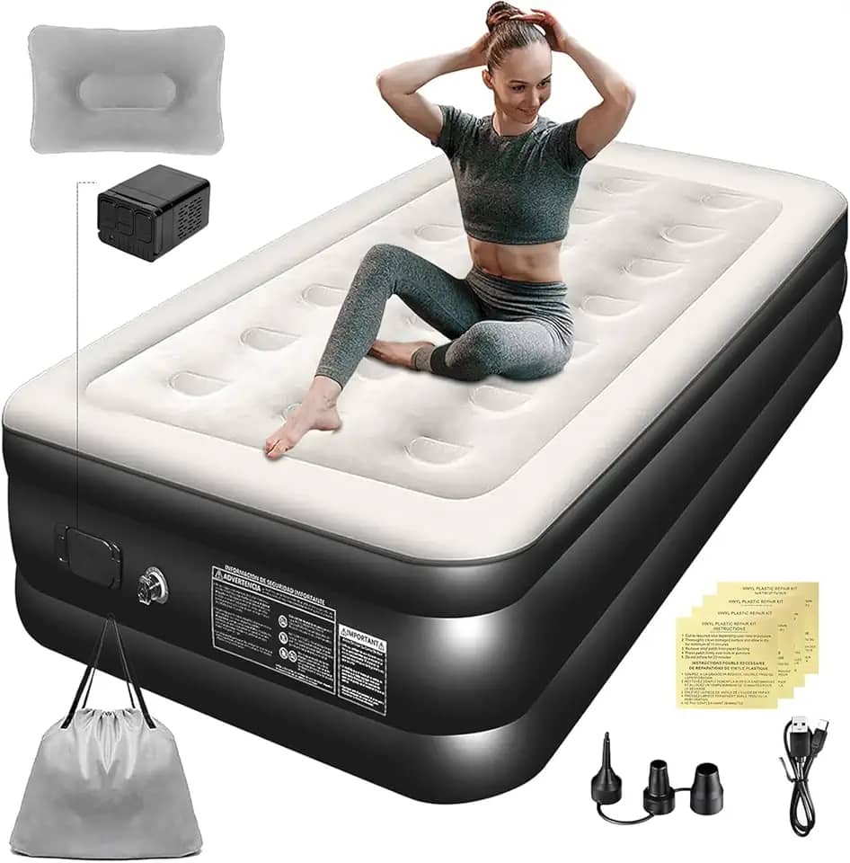Colchão Inflável Solteiro 1,91*1M com Bomba de ar Elétrica Recarregável Embutida, Almofadas Infláveis, com Inflação e Deflação Rápidas e Automáticas, para Famílias e Camping (Preto e Branco)