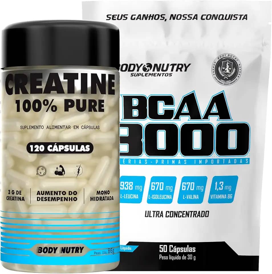 Kit Creatina Monohidratada 100% Pura Pote 120 Capsulas Ganho Muscular Hipertrofia Força Energia Resistência + BCAA 3000 50 Cáps Pós Treino ou Pré treino 3g Vitamina B6 Absorção Recuperação