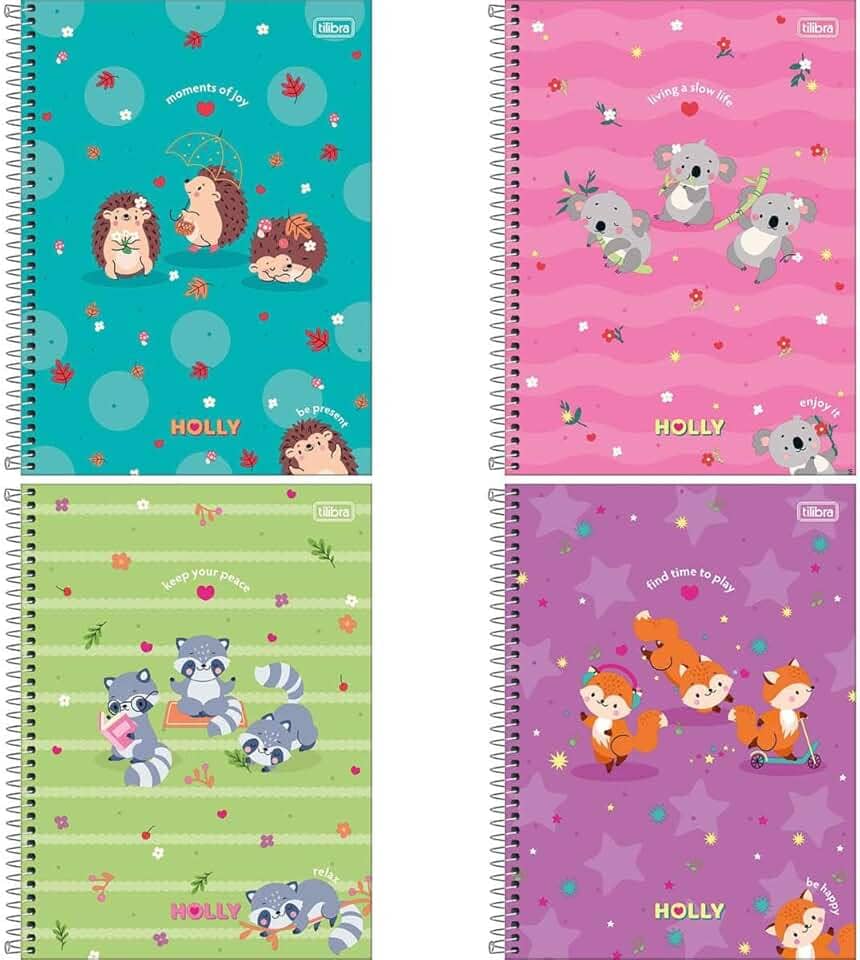 Kit com 4 Cadernos de 1 Matéria, Tilibra, Capa Dura, Holly, 80 Folhas, Capas Sortidas