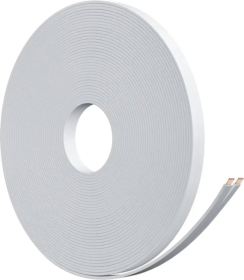 HiFind Fio de cabo de alto-falante plano de calibre 16 premium, 25 pés branco, fio de áudio elétrico de baixa tensão OFC 16/2 AWG, PVC CL2 fino e flexível em parede nominal para ambientes externos