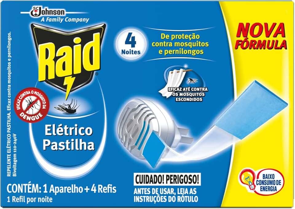 Raid Repelente Elétrico Pastilha Aparelho e Refil com 4 unidades