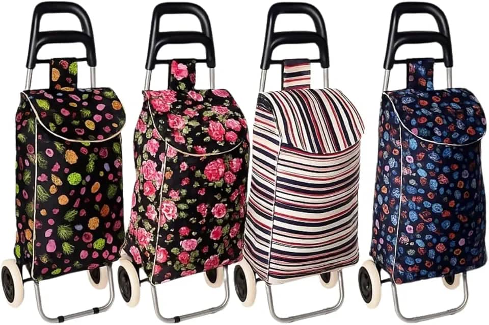 Carrinho de Compras de Feira Dobrável com Bolsa Impermeável, Rodas Grandes e Estrutura de Metal, Estampa Sortida
