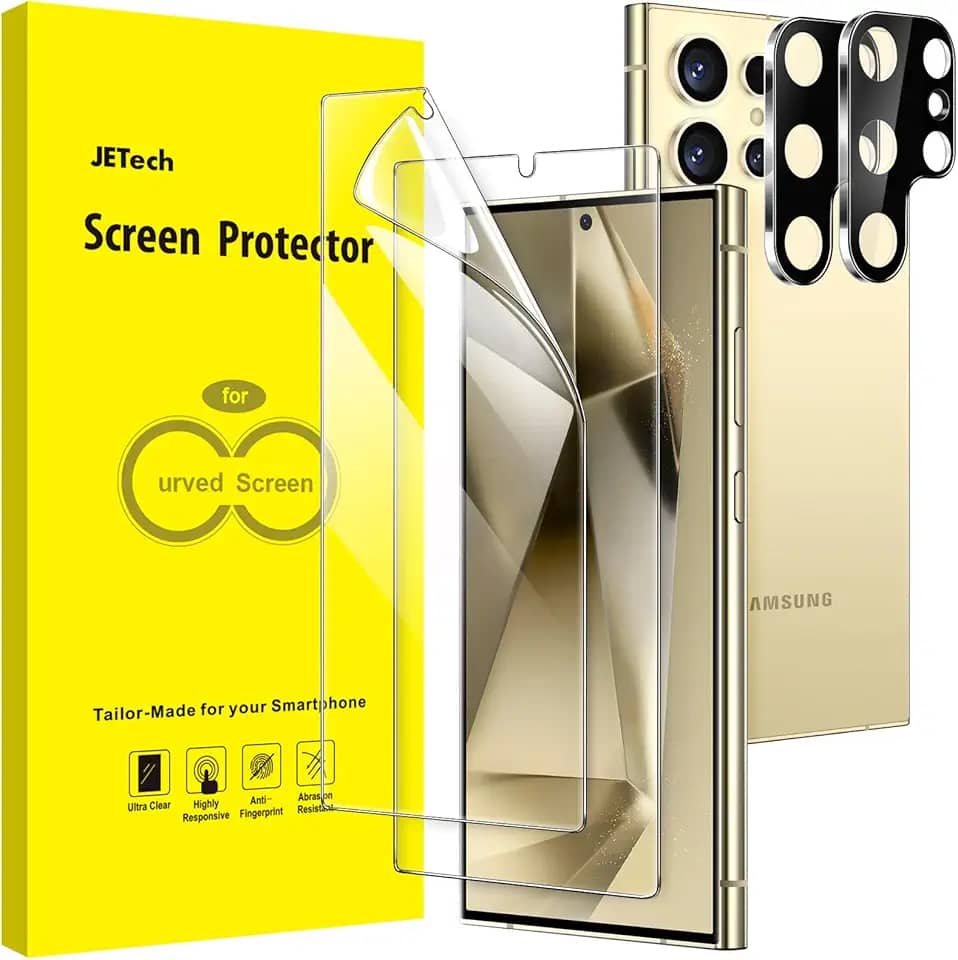 JETech Película Protetor de Tela para Samsung Galaxy S24 Ultra 5G 6,8 Polegadas com Protetor Lente Câmera, TPU Flexível, HD Transparente, 2 Pacotes Cada