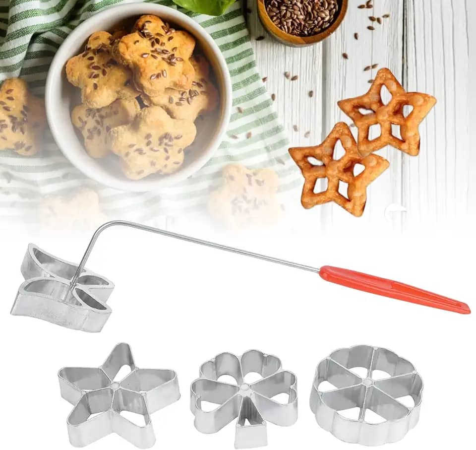 Conjunto de ferro roseta com alça, conjunto de 4 formas de waffle, impressão de bolo, molde de pastelaria, biscoito, sobremesa, acessórios de panificação, presente para biscoitos Bunuelos