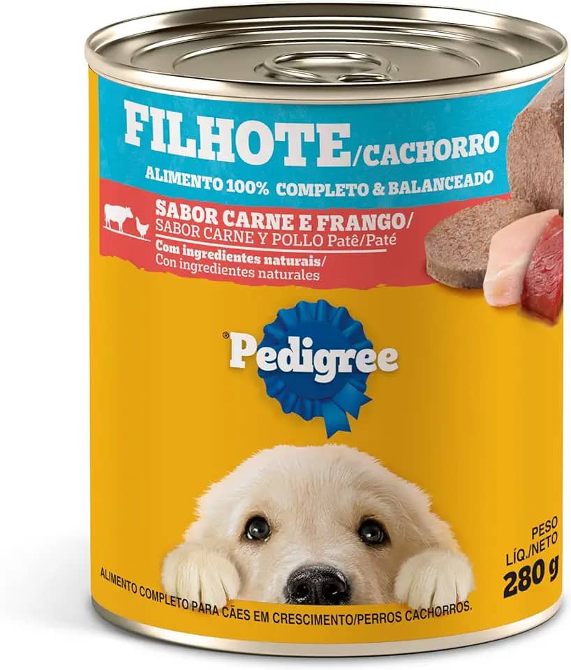 Pack de Ração Úmida Pedigree Lata Patê de Carne e Frango para Cães Filhotes 280 g - 24 unidades
