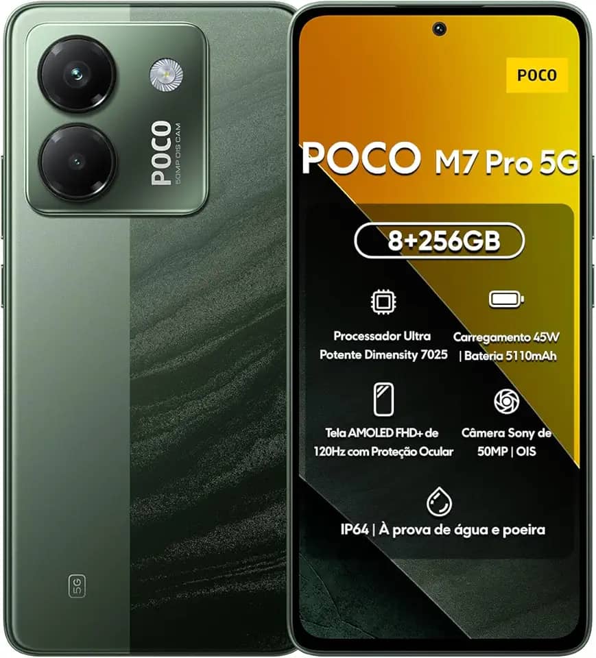 Xiaomi Smartphone POCO M7 Pro 5G 256GB | 8GB/12GB RAM | Processador Ultra Potente Dimensity 7025 | Tela AMOLED FHD+ 120Hz com Proteção Ocular | Bateria 5110mAh com 45W Turbo Charge (Verde, 8+256GB)