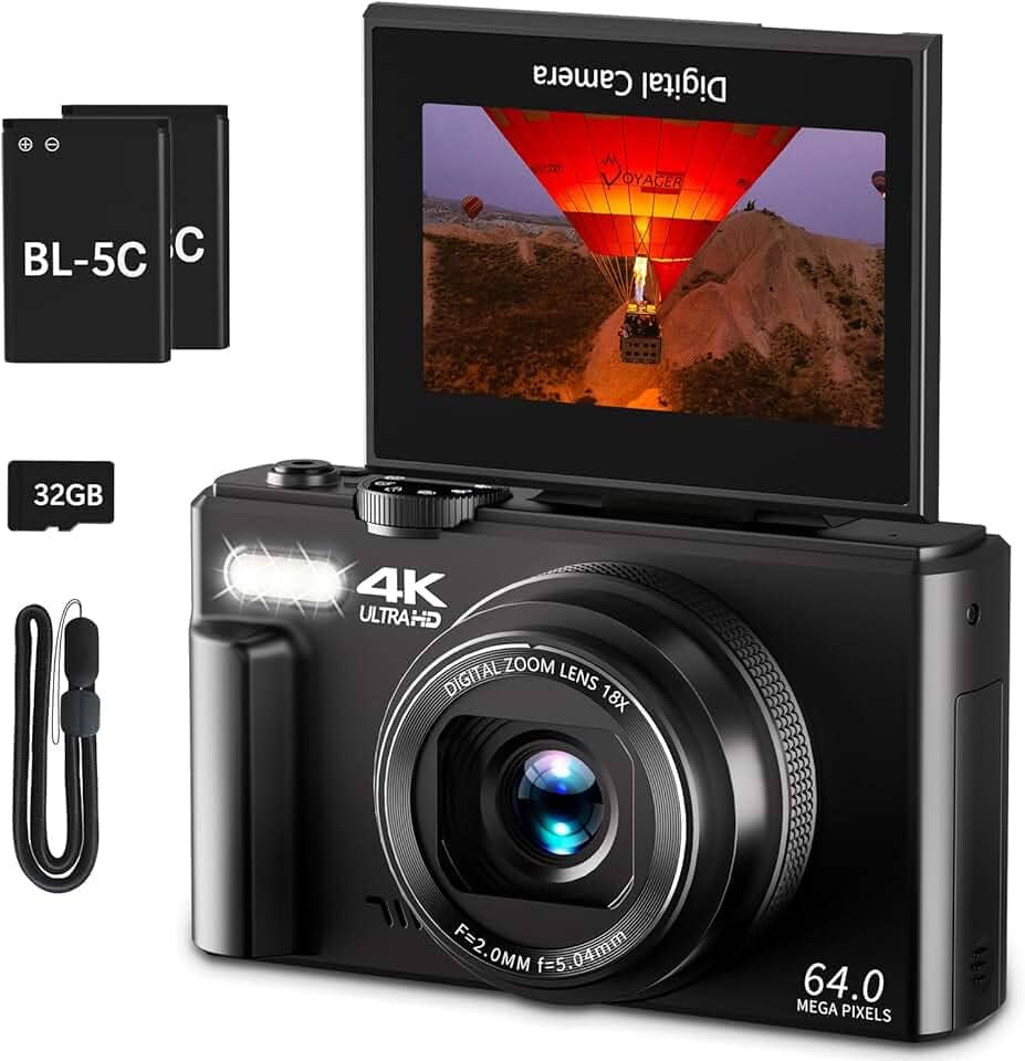 Câmera digital 4K para fotografia, câmera vlogging de 64 MP para YouTube com tela flip de 3 polegadas de 180°, câmera de ponto de zoom digital de 18 x com cartão micro SD de 32 GB para iniciantes
