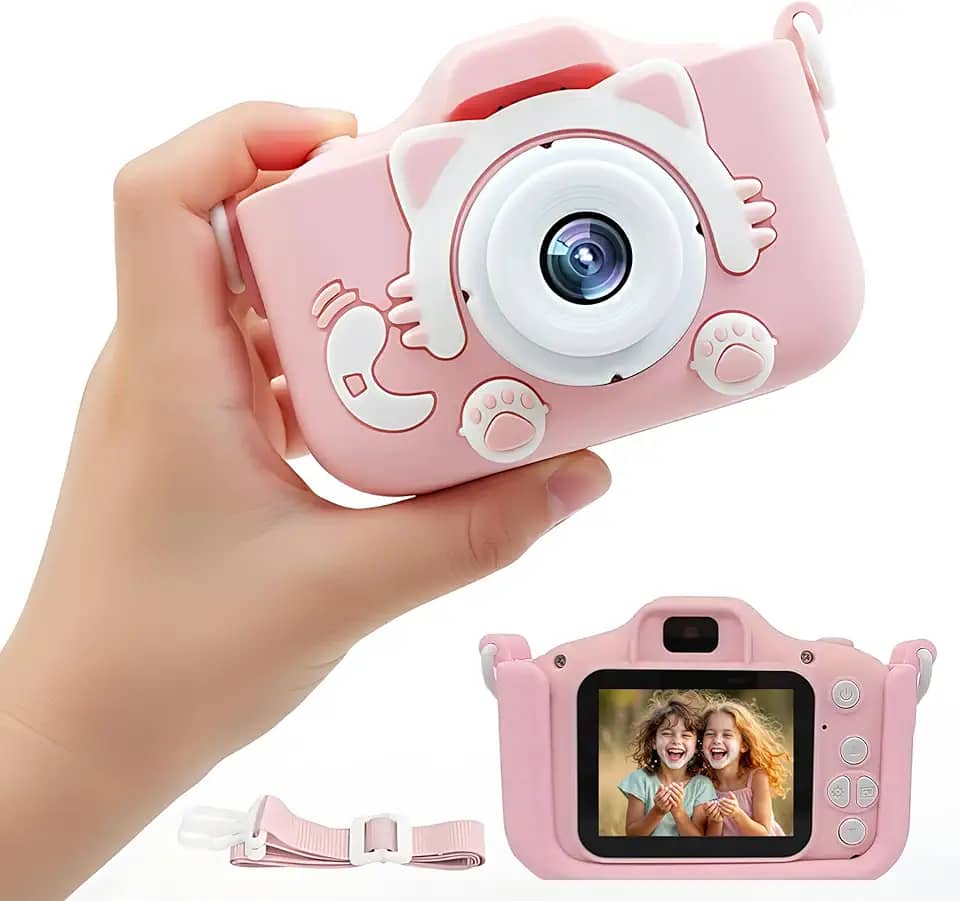 Câmera Digital Infantil Portátil Fofa - Fotos e Vídeos, Filtros, Molduras e Jogos, Suporta Cartão Micro-SD, Bateria Recarregável USB, Cordão de Pescoço e Case Antichoque para Crianças (Gatinho Rosa)