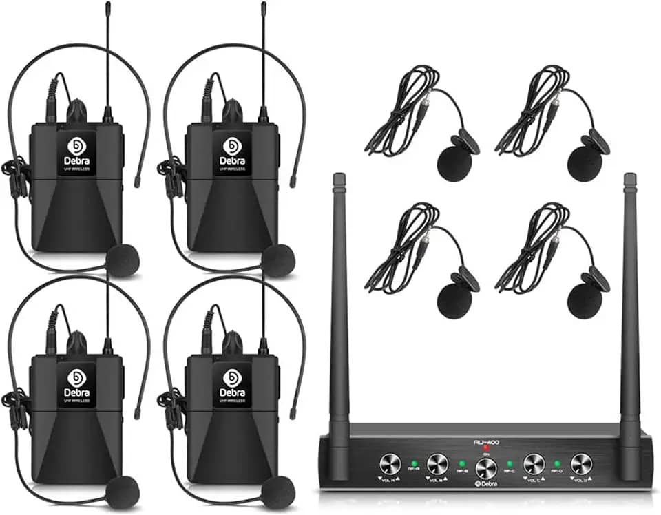 Sistema de microfone sem fio Debra Audio Pro UHF de 4 canais com fones de ouvido de lapela sem fio, receptor de metal, ideal para festa de karaokê na igreja (com 4 bodypacks (A))