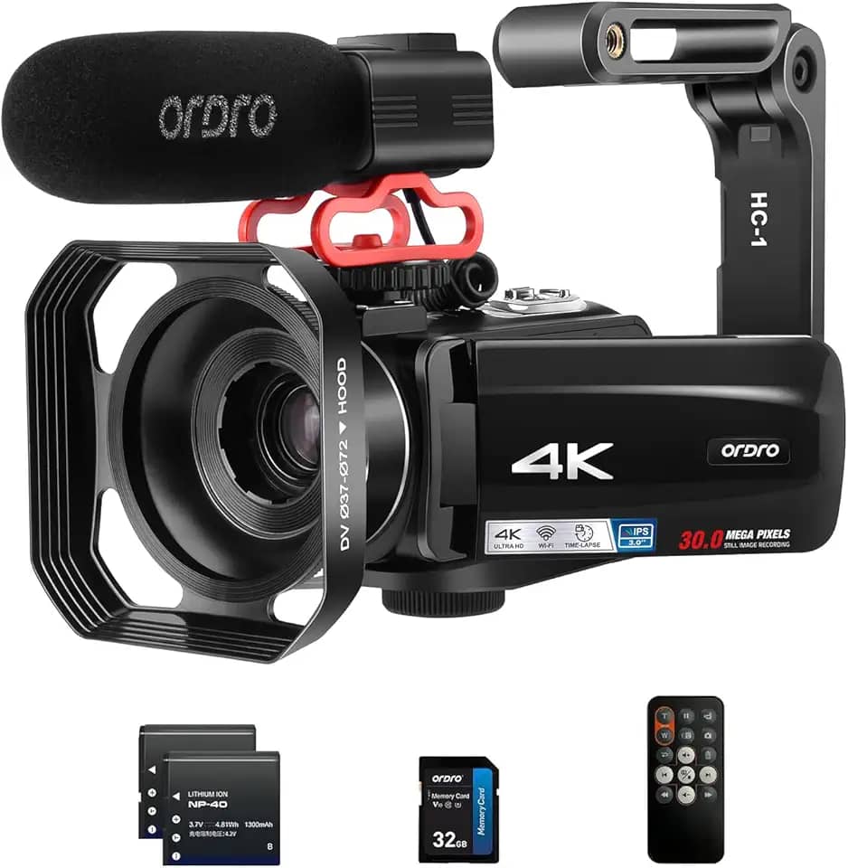 ORDRO Câmera de vídeo 4K para vlogging, zoom óptico de 10x, zoom inteligente de 100x