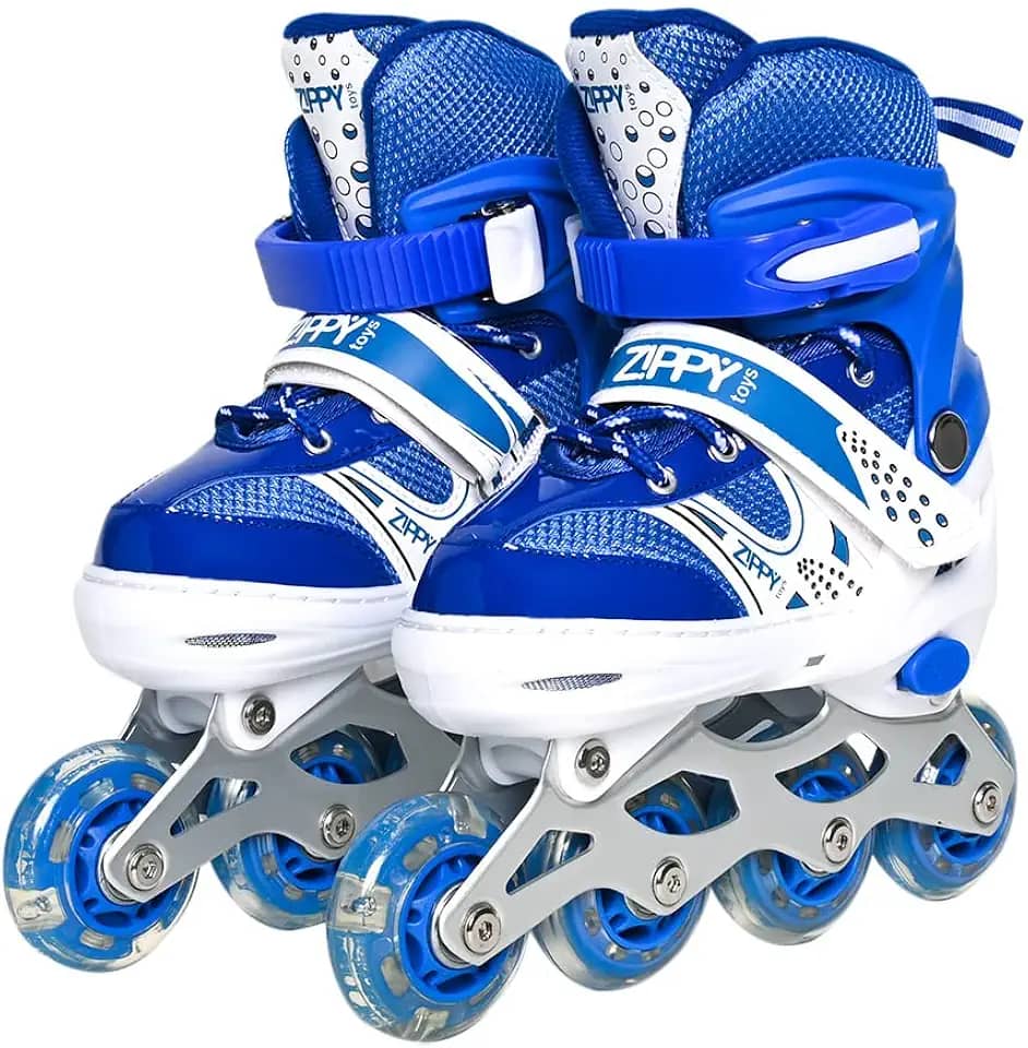 Zippy Toys Kit Patins In Line Ajustável, Azul. Tamanho 34 ao 37. Feito em Couro Sintético, PVC e Polipropileno. Indicado para Crianças Acima de 3 Anos. Kit com 09 Peças Para Proteger Seu Filho