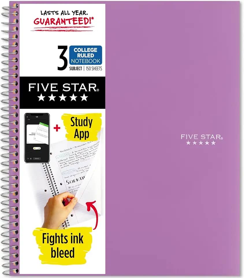Five Star Caderno espiral + aplicativo de estudo, 3 matérias, papel pautado para faculdade, 28 cm x 21 cm, 150 folhas, roxo ametista, 1 unidade (38746)