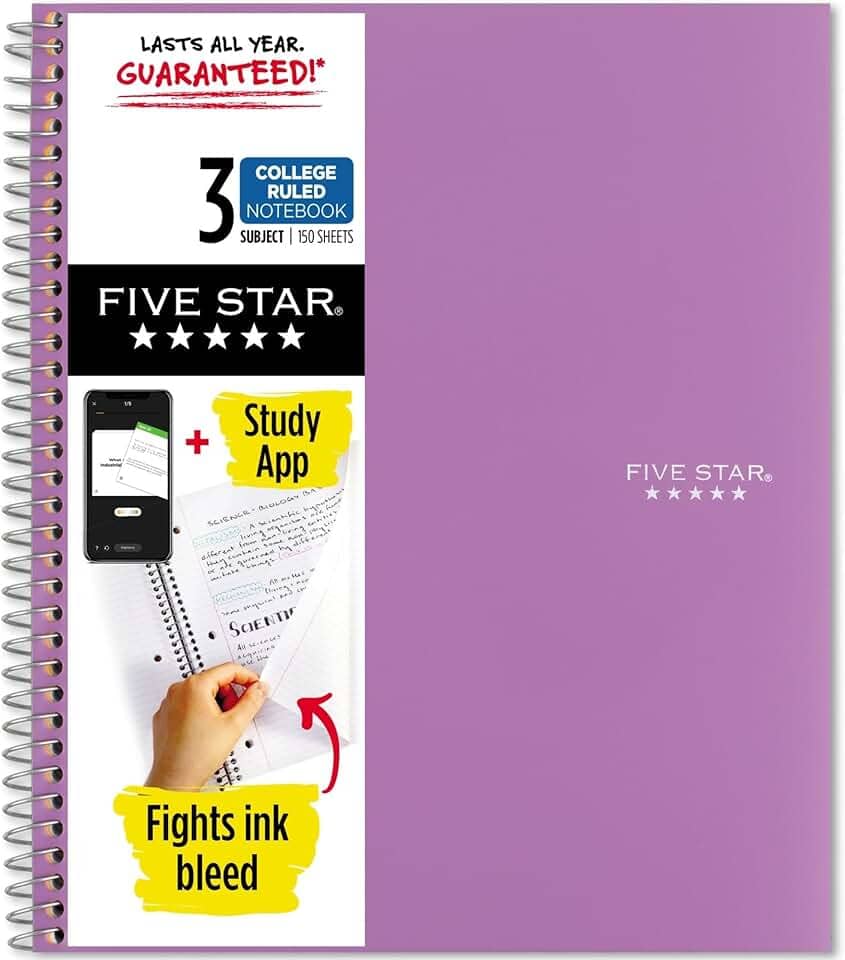 Five Star Caderno espiral + aplicativo de estudo, 3 matérias, papel pautado para faculdade, 28 cm x 21 cm, 150 folhas, roxo ametista, 1 unidade (38746)